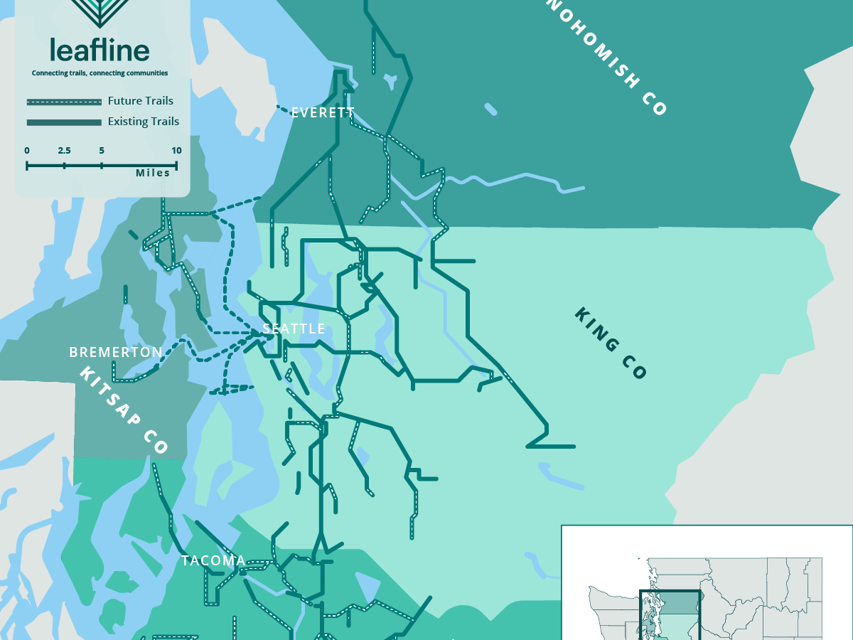 Subway-style graphic shows existing and planned trails connecting King, Kitsap, Pierce, and Snohomish counties